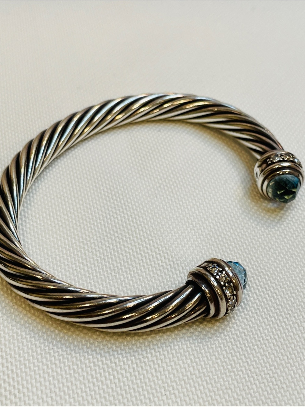David Yurman Blue Topaz Diamond Sterling Silver Classic Cable Cuff Bracelet